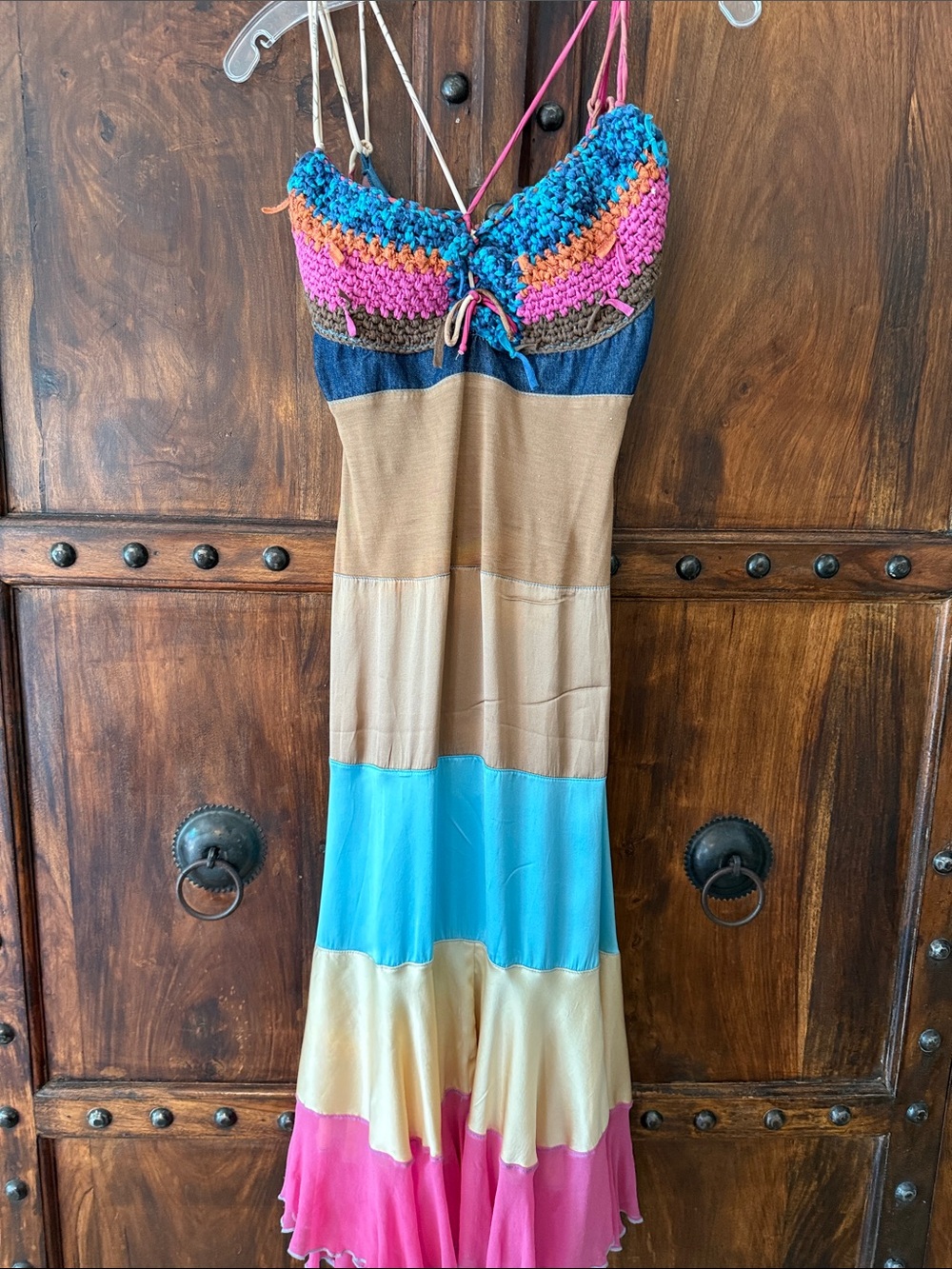 Colorblock Crochet-Bodice Maxi Dress - Pink, Turquoise, Tan Cesar Arellanes